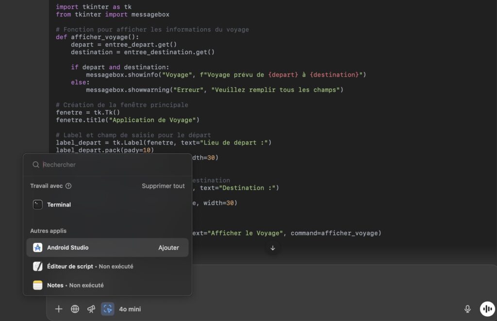 Test fonctionnalité Work with Apps macOS ChatGPT