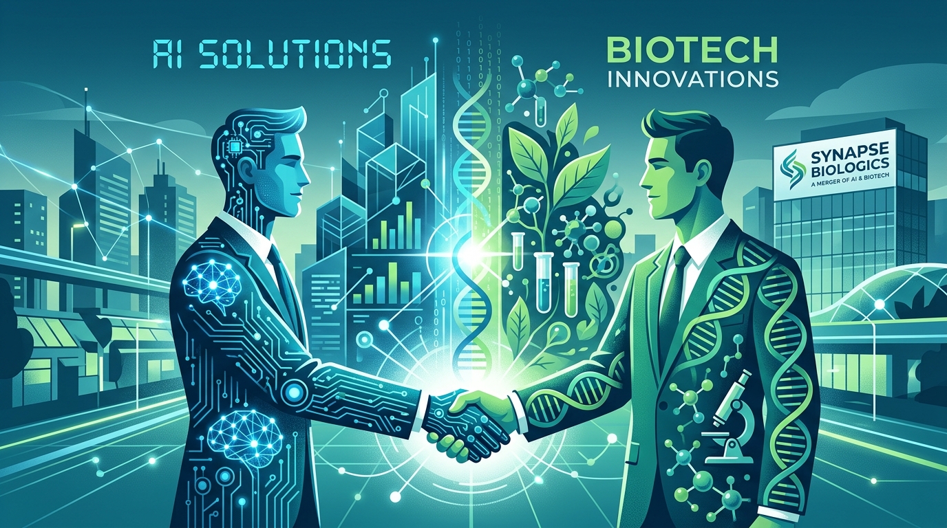 Illustration de la fusion entre intelligence artificielle et biotechnologie