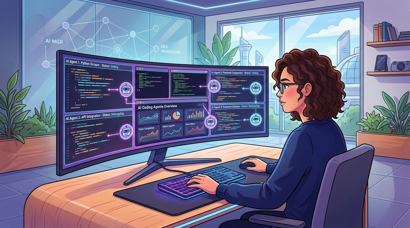 Un développeur supervise plusieurs agents IA de coding travaillant en parallèle