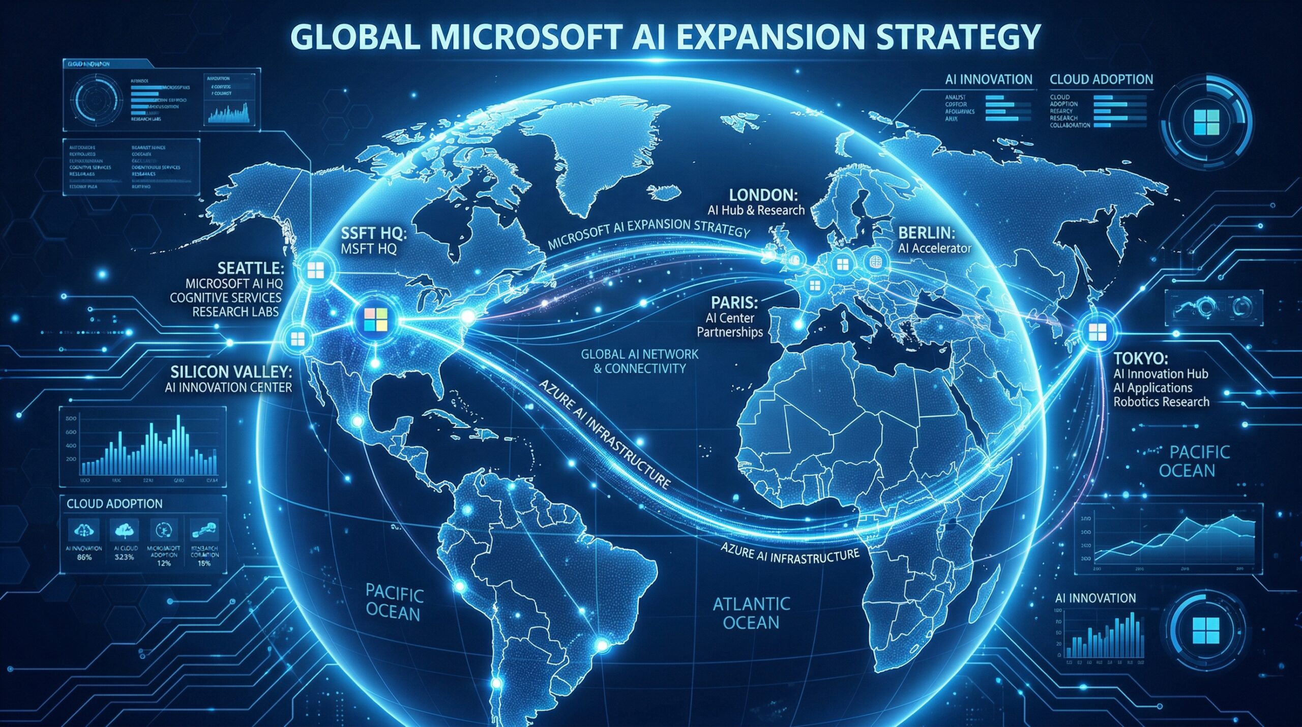 Carte mondiale de l'expansion IA de Microsoft entre USA, Japon et Europe