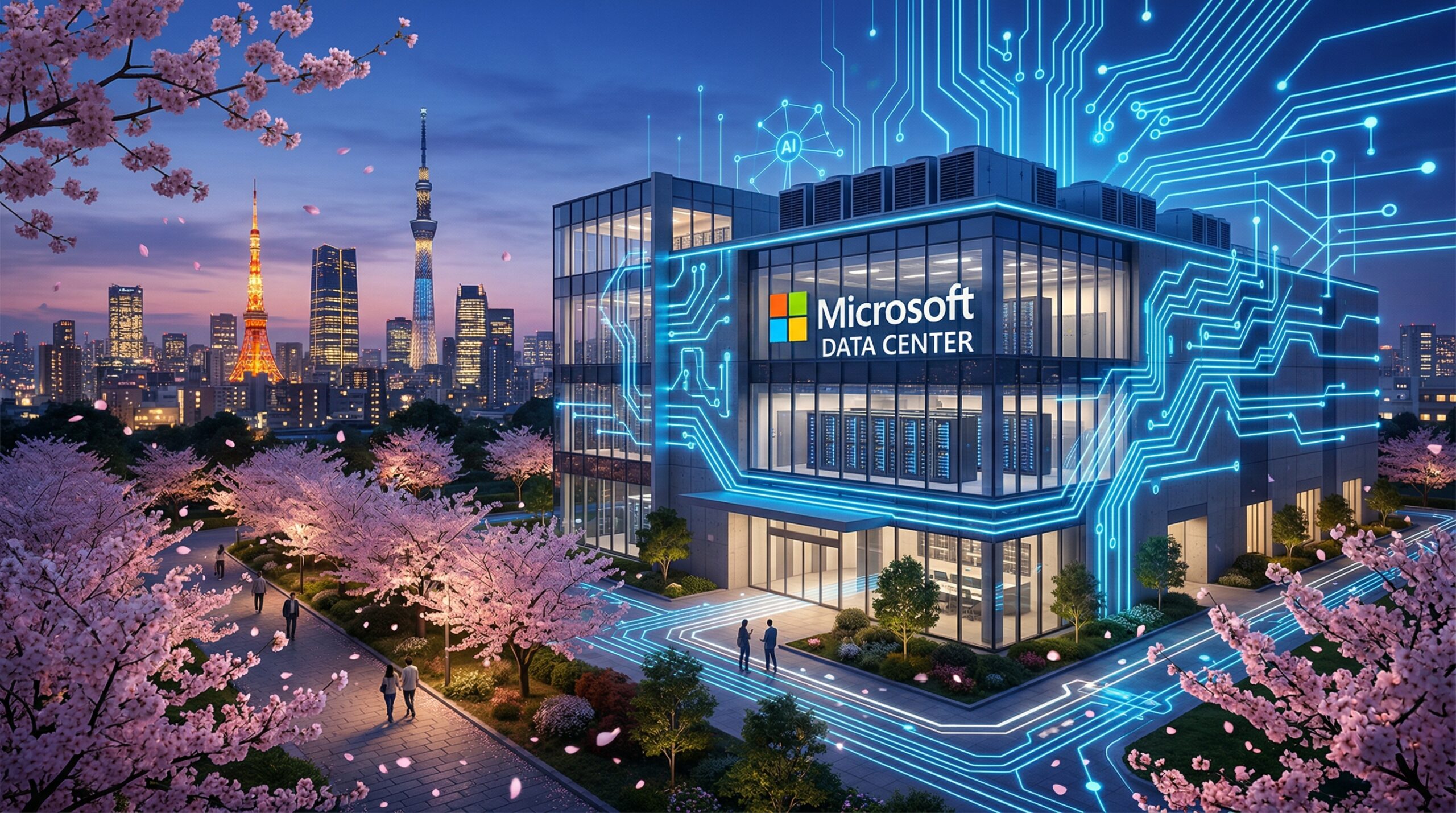 Data center Microsoft au Japon avec cerisiers en fleurs et circuits IA